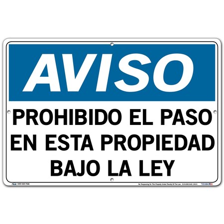 Vestil Aluminum Composite Sign, 12-1/2" Height, 18-1/2" Width, Aluminum Composite, Rectangle, Spanish SI-N-68-D-AC-130-S